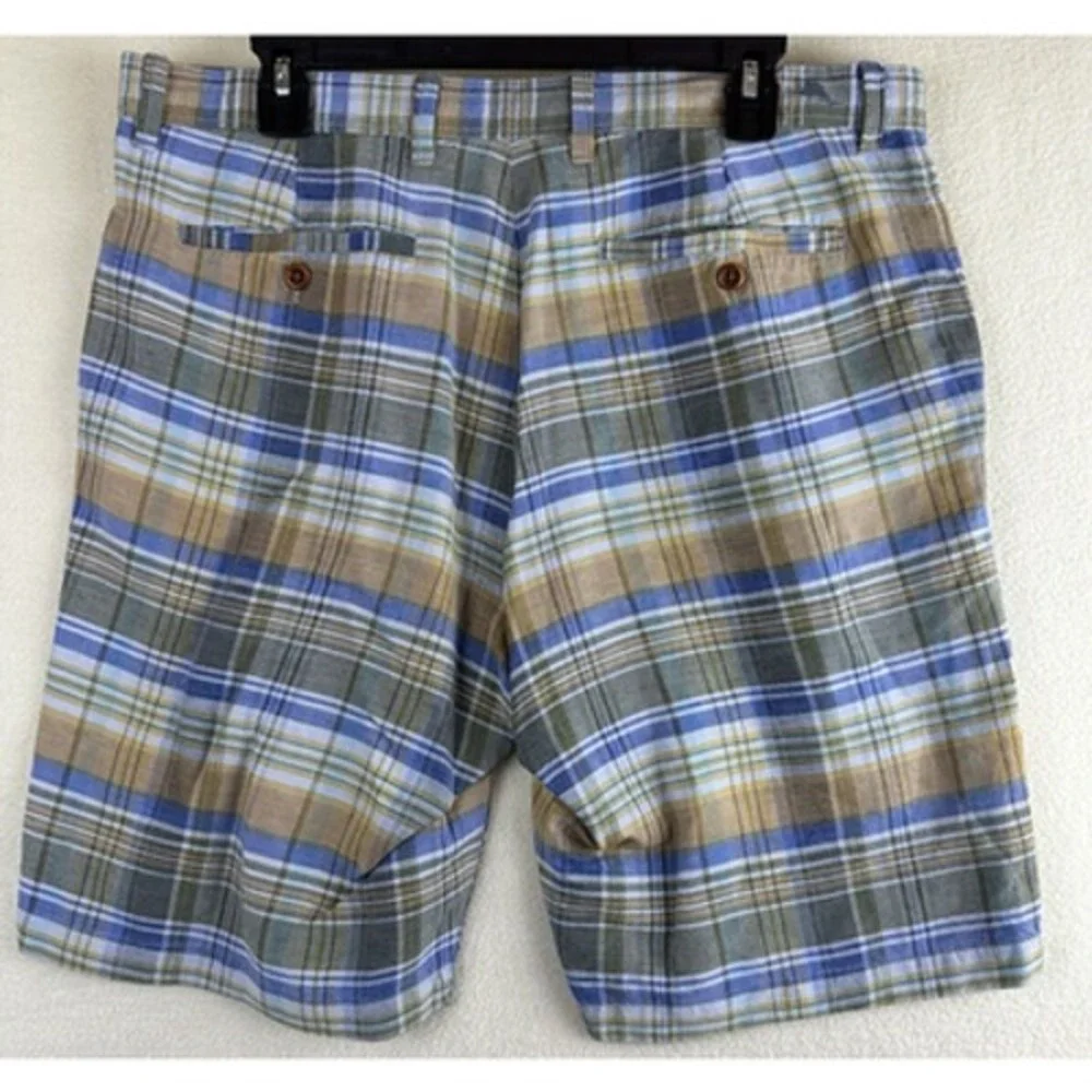 Tommy Bahama Plaid Green Blue Orange Linen Blend Flat Front Shorts Mens Size 34